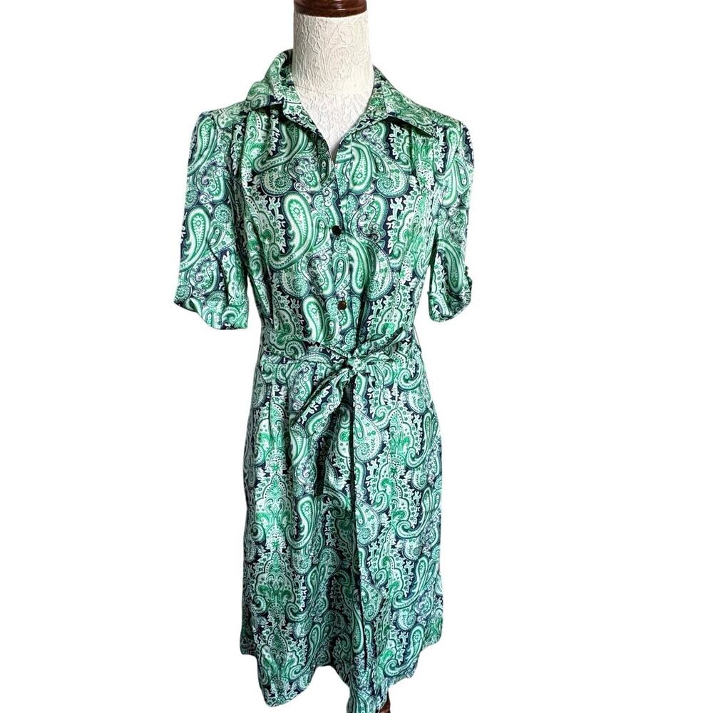 VTG Donna Morgan Silk Paisley Dress  
90s Green Navy 12 Preppy LightAcedemia